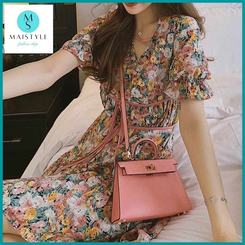 Đầm hoa nhí đi biển MAISTYLE váy voan tiểu thư xinh đi chơi tay phồng ngắn ulzzang bánh bèo cổ V MY1036