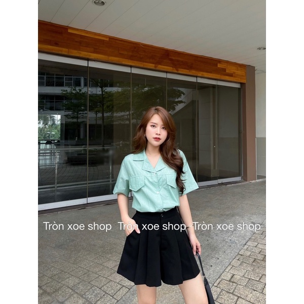 Áo sơ mi xanh ,sọc ,trắng ,đen túi nắp giả tay ngắn Tròn Xoe Shop chuẩn form , trẻ trung công sở đi làm, đi chơi