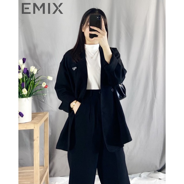 Áo khoác blazer công sở EMIX (màu đen), dáng dài, trendy, cổ vest, dài tay, form rộng, freesize, vải 1 lớp KHÔNG LỘ 5574