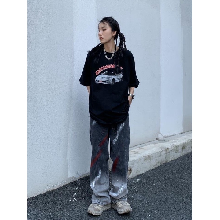 Quần jean ống rộng unisex hình thêu vảy sơn phong cách đường phố