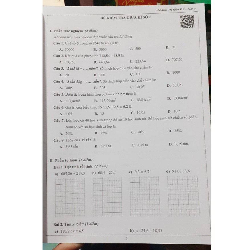 Sách Đề kiểm tra 5 toán, học kì 2