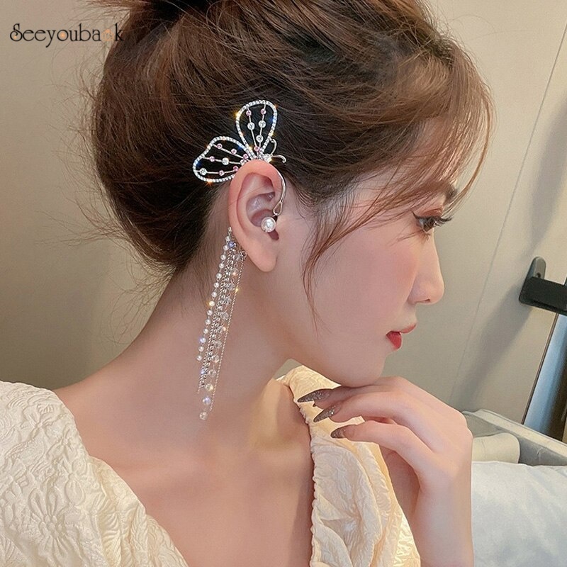 1 Khuyên kẹp vành tai hình bướm đính ngọc trai thanh lịch cho nữ