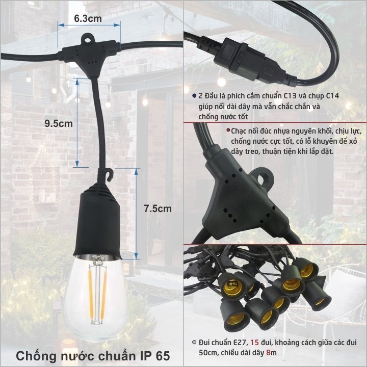 Dây LED 10 đui kèm 10 bóng đèn đổi màu trang trí DECOR ngoài trời , sân vườn chống thấm nước.