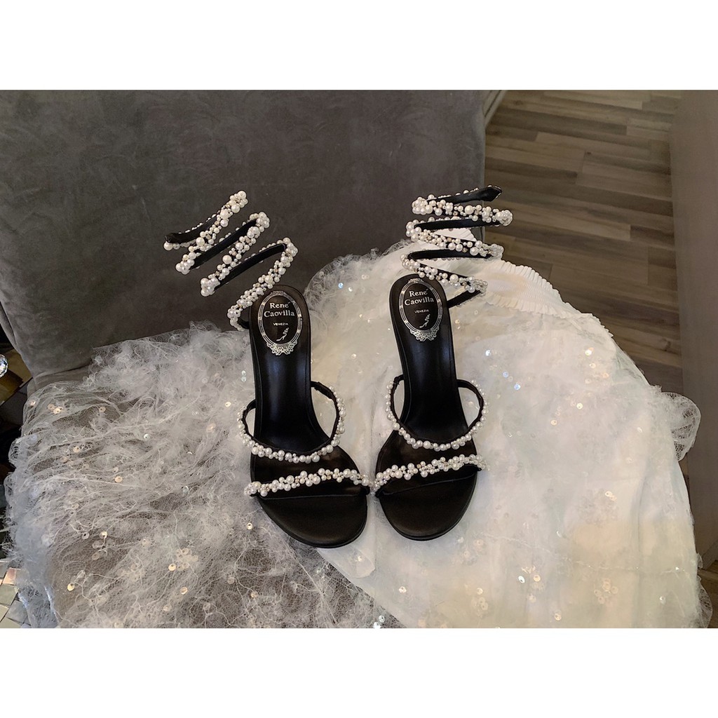 Guốc sandal cao gót đính hạt da thật thời trang cao cấp mẫu mới Caovilla 2021