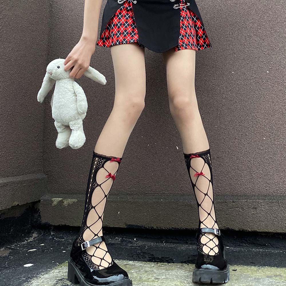 Vớ cao kiểu lưới mắt cá co giãn cao đến bắp đùi đính nơ ngọt ngào phong cách anime lolita dễ thương nhiều màu sắc