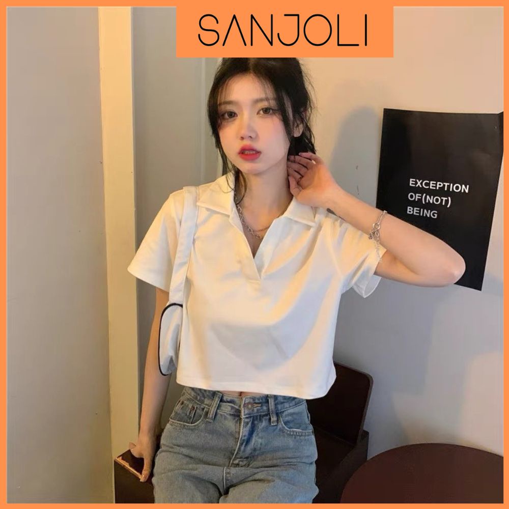 Áo Crt Nữ SANJOLI Croptop Tay Ngắn Cổ Polo Ôm Body Hở Bụng Sexy Cá Tính Đi Chơi AO018