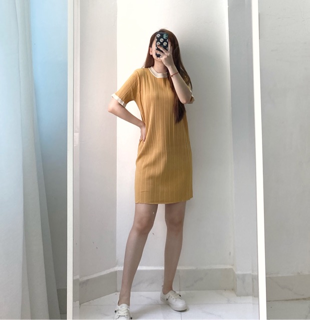 [Ảnh thật] Váy dệt kim cổ tròn (xanh + vàng) | BigBuy360 - bigbuy360.vn