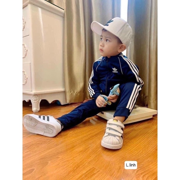 Bộ thể thao adidas xuất dư chất umi xanh than kéo khoá trẻ em ba sọc