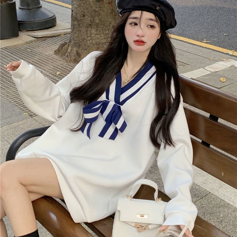 COZOK Áo sweater dáng rộng đính nơ kiểu Hàn Quốc dễ thương