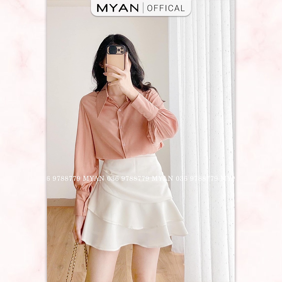 Áo Sơ Mi Nữ Cổ Nhọn MYAN Thiết Kế Tay 3 Cúc Màu Trơn Trắng, Nâu, Hồng AVN032204