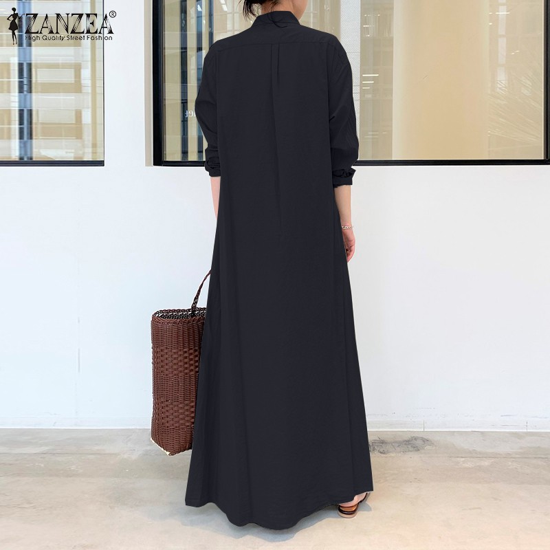 Đầm maxi Zanzea tay dài xẻ tà màu trơn thời trang cho nữ