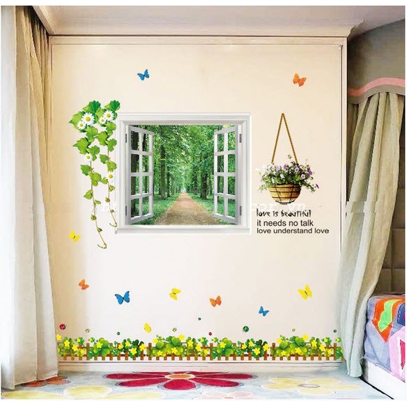 Combo Decal dán tường xanh 3 - decal cửa sổ 3d và chân tường trang trí nhà cửa đẹp