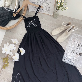 ĐẦM MAXI ĐEN NHÚN PHỐI NƠ 2 DÂY