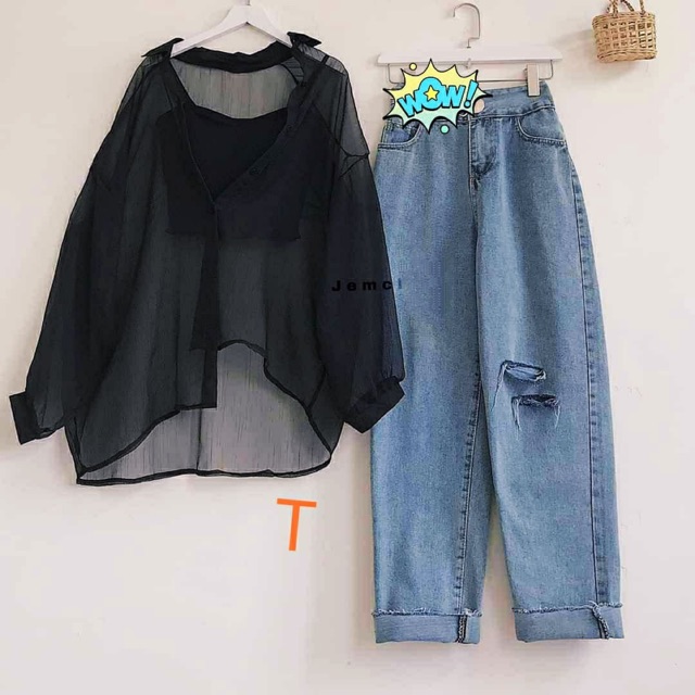 Sét áo sơ mi hai món + quần bagy bò rua gấu rách TT12