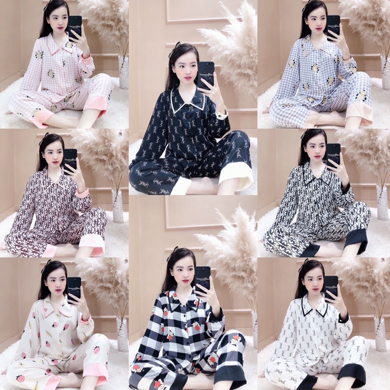Bộ pijama cổ nhọn chất lụa mango mặc nhà siêu mát