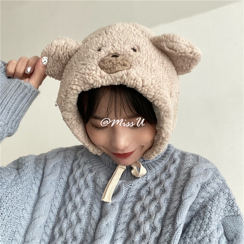 Mũ lông dày giữ ấm tai kiểu hoạt hình gấu đáng yêu cho nữ
