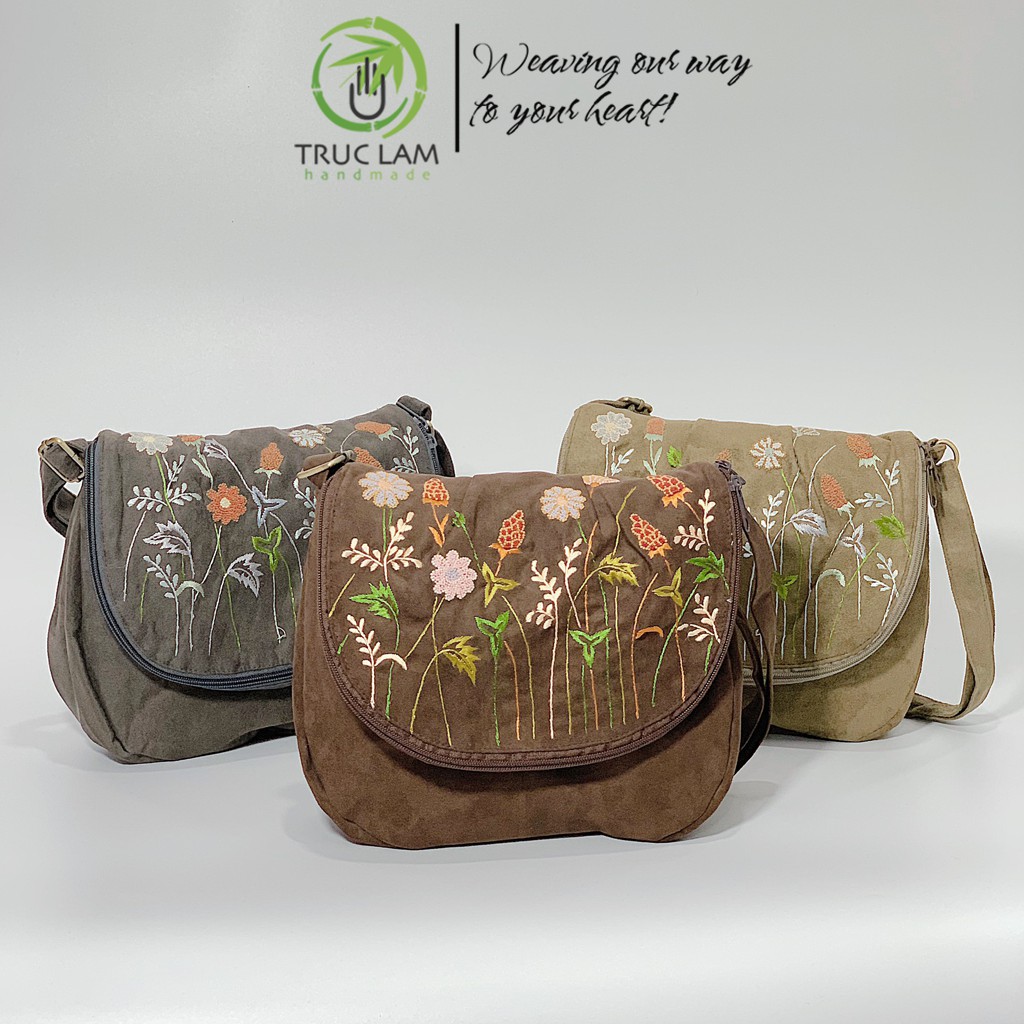 Túi Đeo Chéo Thời Trang Nữ Vải Da Lộn Thêu Tay Họa Tiết Cành Hoa (D) - Trúc Lâm Handmade
