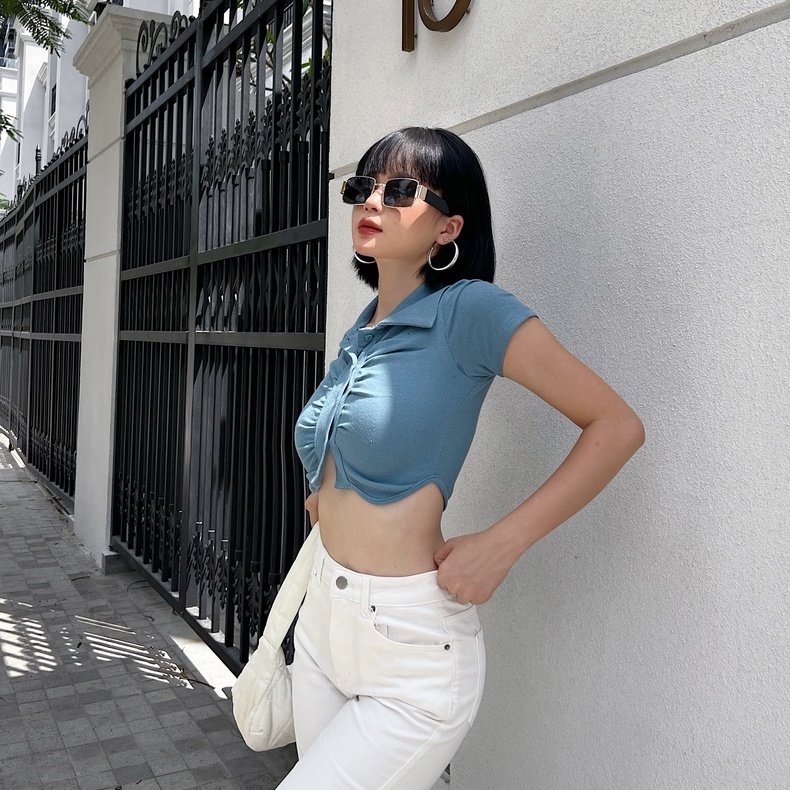 Áo croptop nữ body TOPTIFY ngắn tay nhún nẹp cổ polo Huxley Top A241