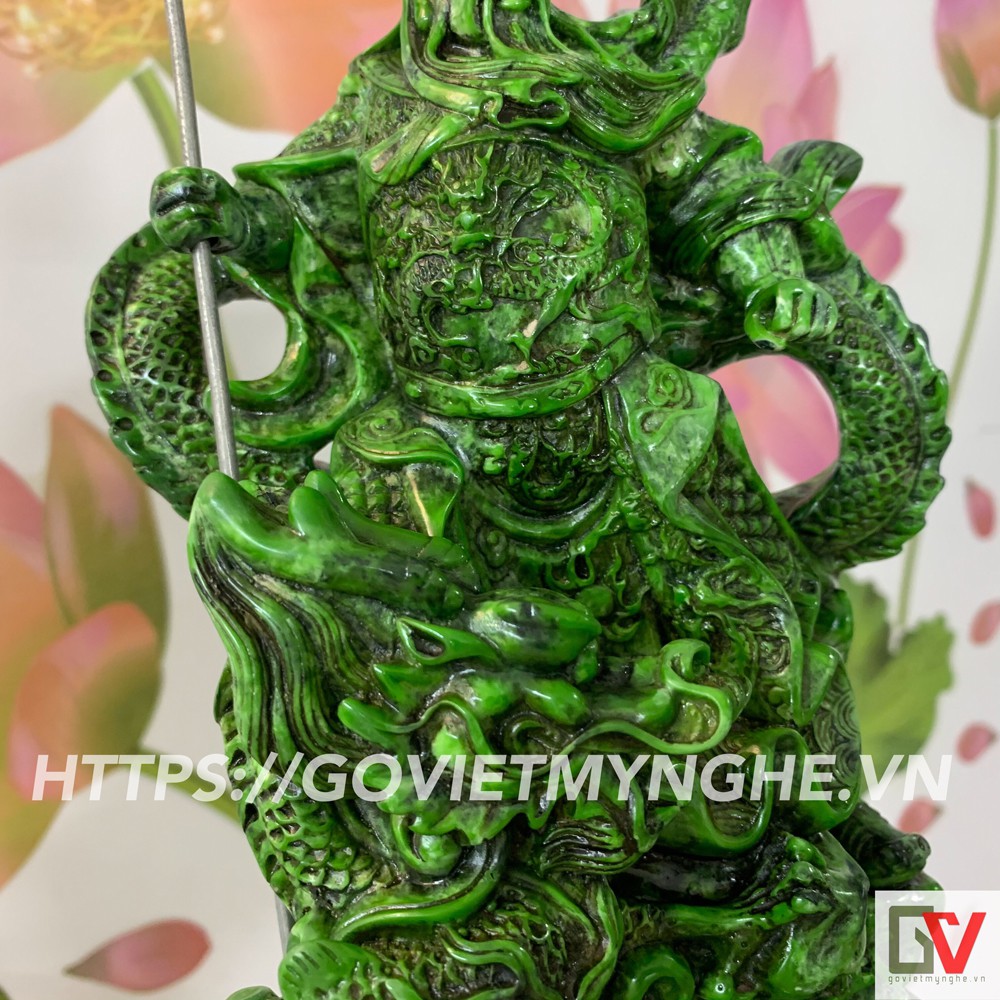 [Tượng Quan Công] Tượng đá phong thủy Quan Công - Quan Công cầm đao cưỡi Rồng - Cao 25cm - Màu xanh