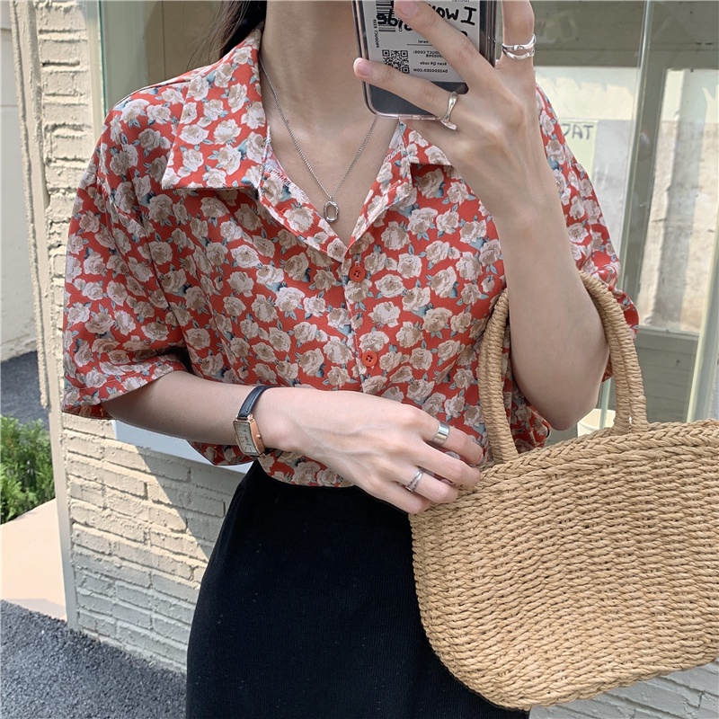 Áo Sơ Mi chiffon Tay Ngắn In Họa Tiết Hoa Hồng Phong Cách Retro Hong Kong Thời Trang Mùa Hè Mới Cho Nữ