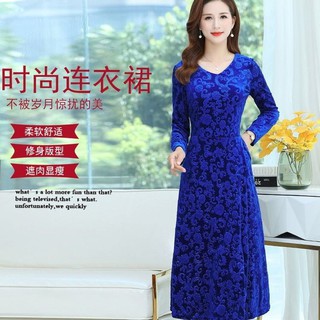 VB┅áo mẹ✷✸Váy liền cổ chữ V Nhung vàng cho người mẹ TRUNG NIÊN mặc bên trong hoa ép dáng Size Lớn dài tay mẫu