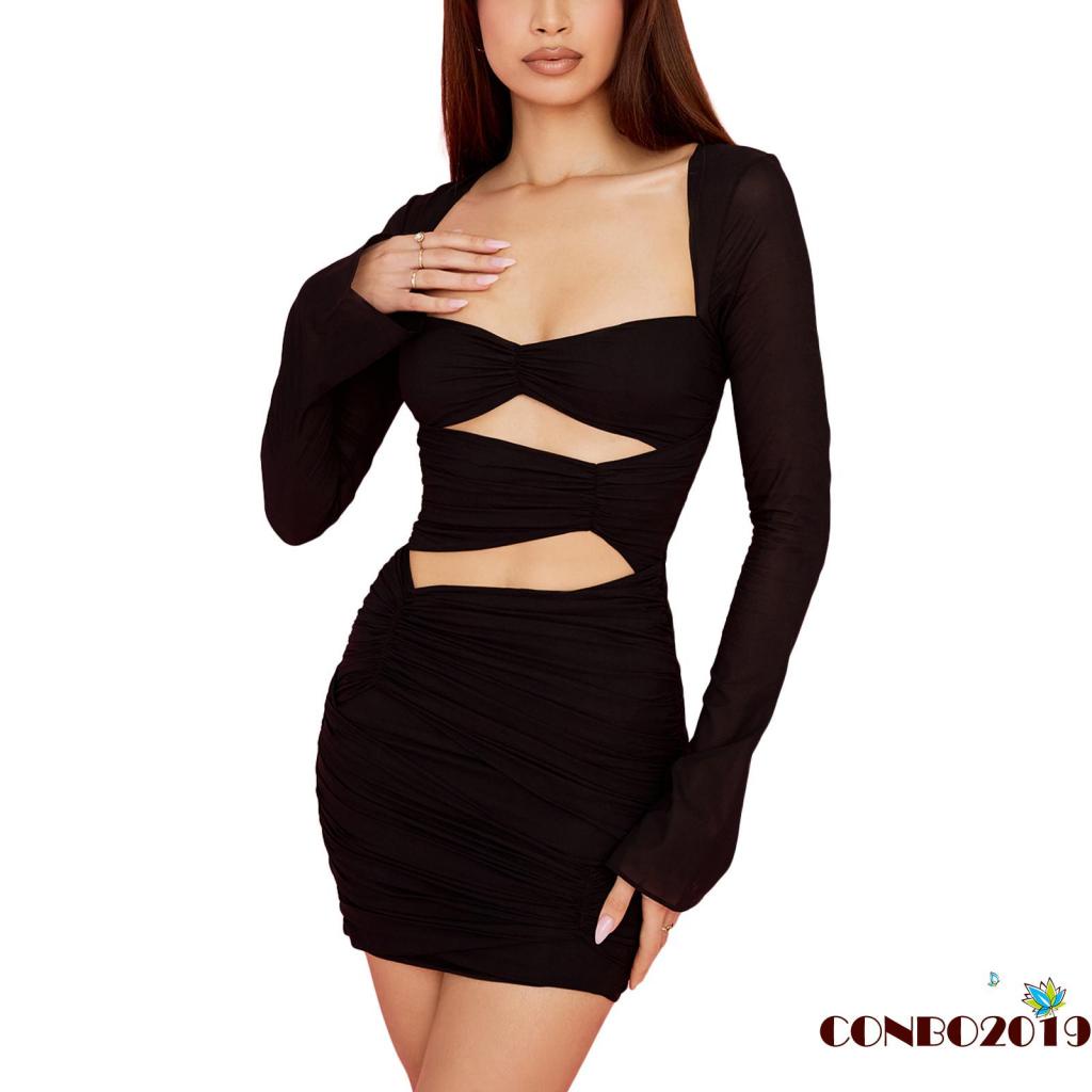 Hgm-đầm Tay Dài Ôm Dáng Màu Trơn Khoét Lỗ Trang Trí Mùa Xuân Cho Nữ