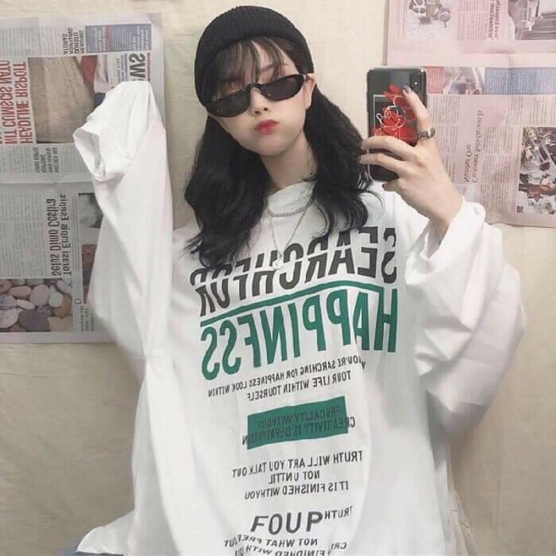 Áo Thun Tay Dài Dáng Rộng In Chữ Ulzzang Hàn Quốc