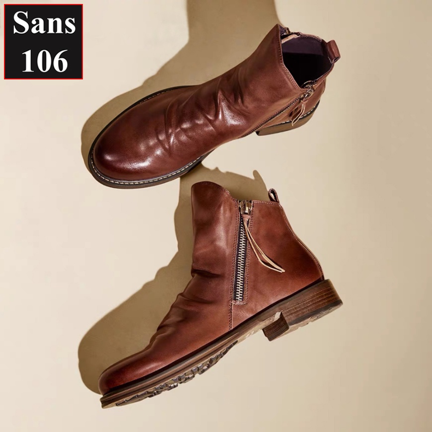 Giày nam cao cổ da nhăn khóa kéo Sans106 boost bigsize lớn 48 47 46 45 44 43 giầy boot tăng chiều cao bốt độn đế 6cm
