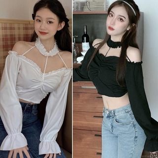 Áo Croptop Tay Phồng Trễ Vai Thiết Kế Hở Eo Quyến Rũ Cho Nữ