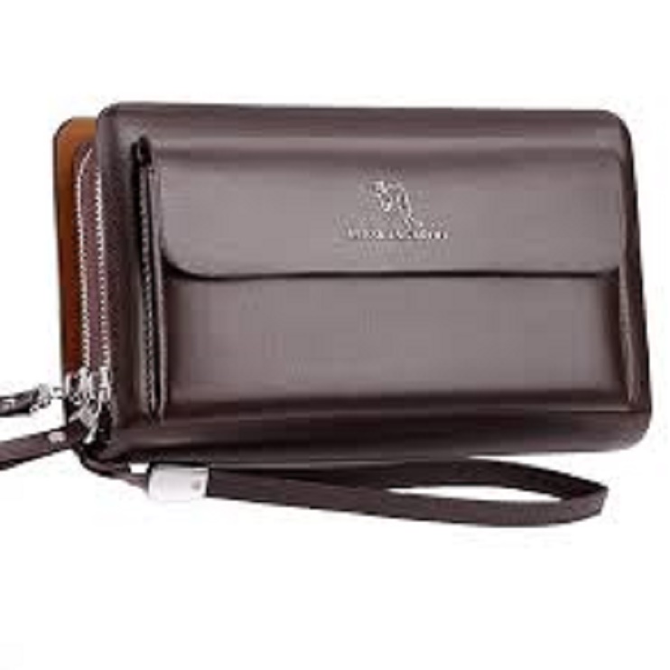 Ví cầm tay NAM NỮ da bò đẳng cấp thời trang YUEKANGAROO 2 ngăn khóa lớn KT 23x13x5cm ĐEN - NÂU