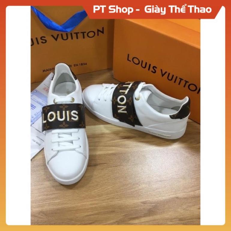 [FreeShip + HÀNG CAO CẤP ]  Giày lv thể thao nam nữ quai da dập chữ , Giầy sneaker trắng quai đen chữ thêu