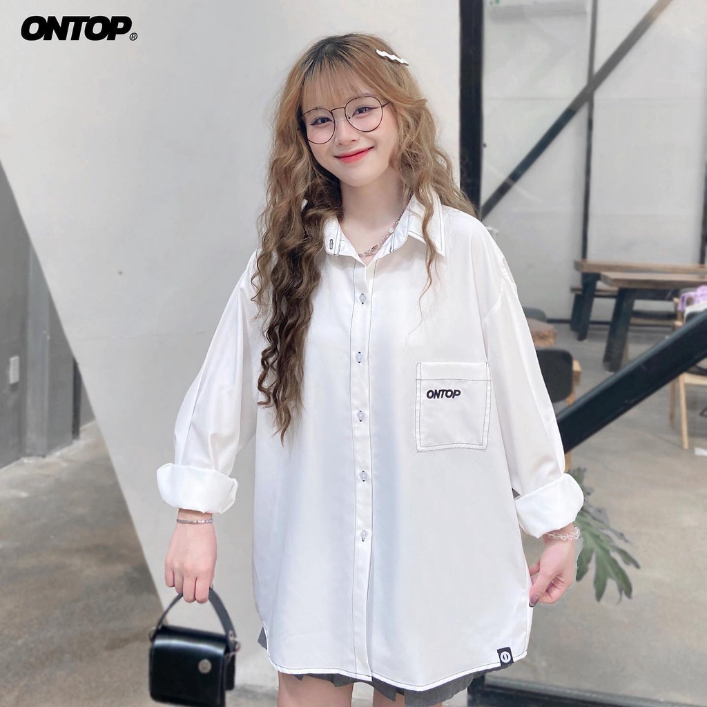 Áo sơ mi nữ form rộng tay dài kiểu hàn, vải lụa màu trắng local brand ONTOP - Over Shirt Mono