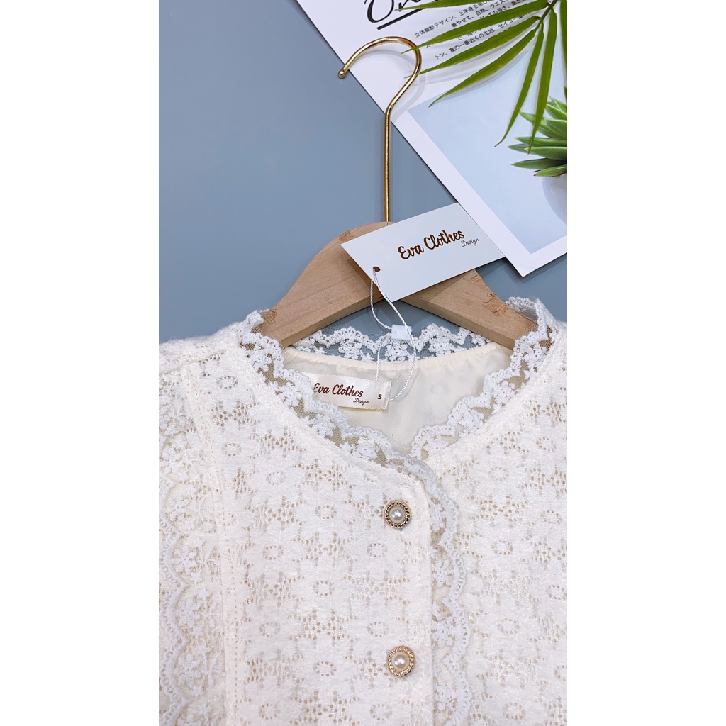 Áo sơ mi nữ ren dài tay đẹp hai lớp dáng suông cổ tròn màu trắng be đi làm đi chơi | BigBuy360 - bigbuy360.vn