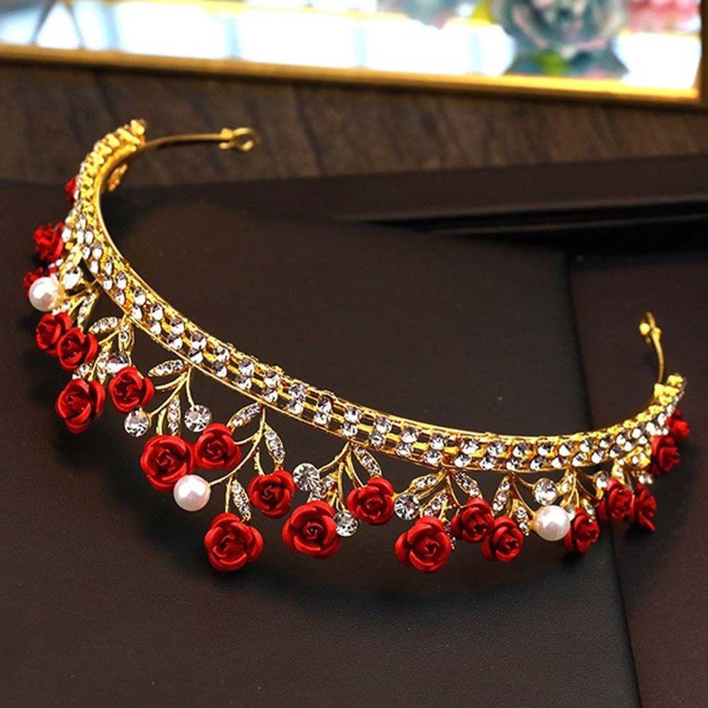 Cài Tóc Cô Dâu Đính Hoa Hồng Đỏ Phong Cách Vintage Thanh Lịch|Vương Miện Hợp Kim Thiết Kế Sang Trọng Cho Nữ
