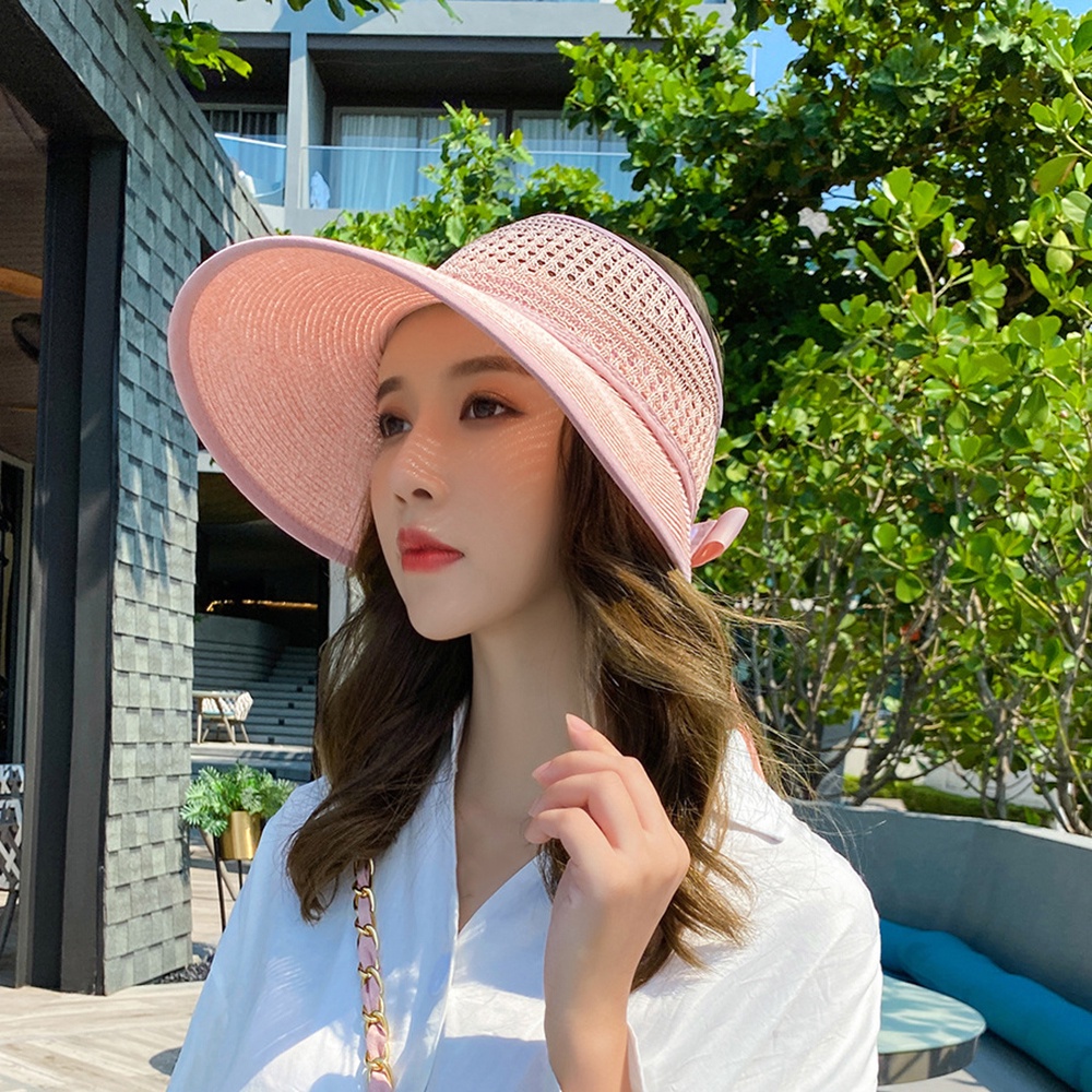 Mũ rơm mềm mại màu trơn thắt nơ có thể gấp lại thời trang mùa hè cho nữ