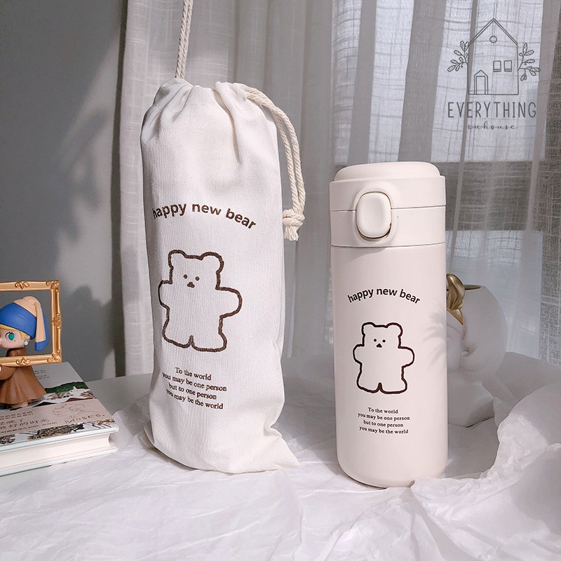 Bình giữ nhiệt hình gấu siêu dễ thương tiện dụng kèm túi vải xách tay canvas