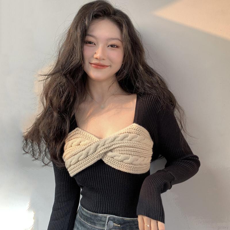 Áo dệt kim tay dài cổ vuông màu sắc cổ điển phong cách Hàn Quốc thời trang cho nữ