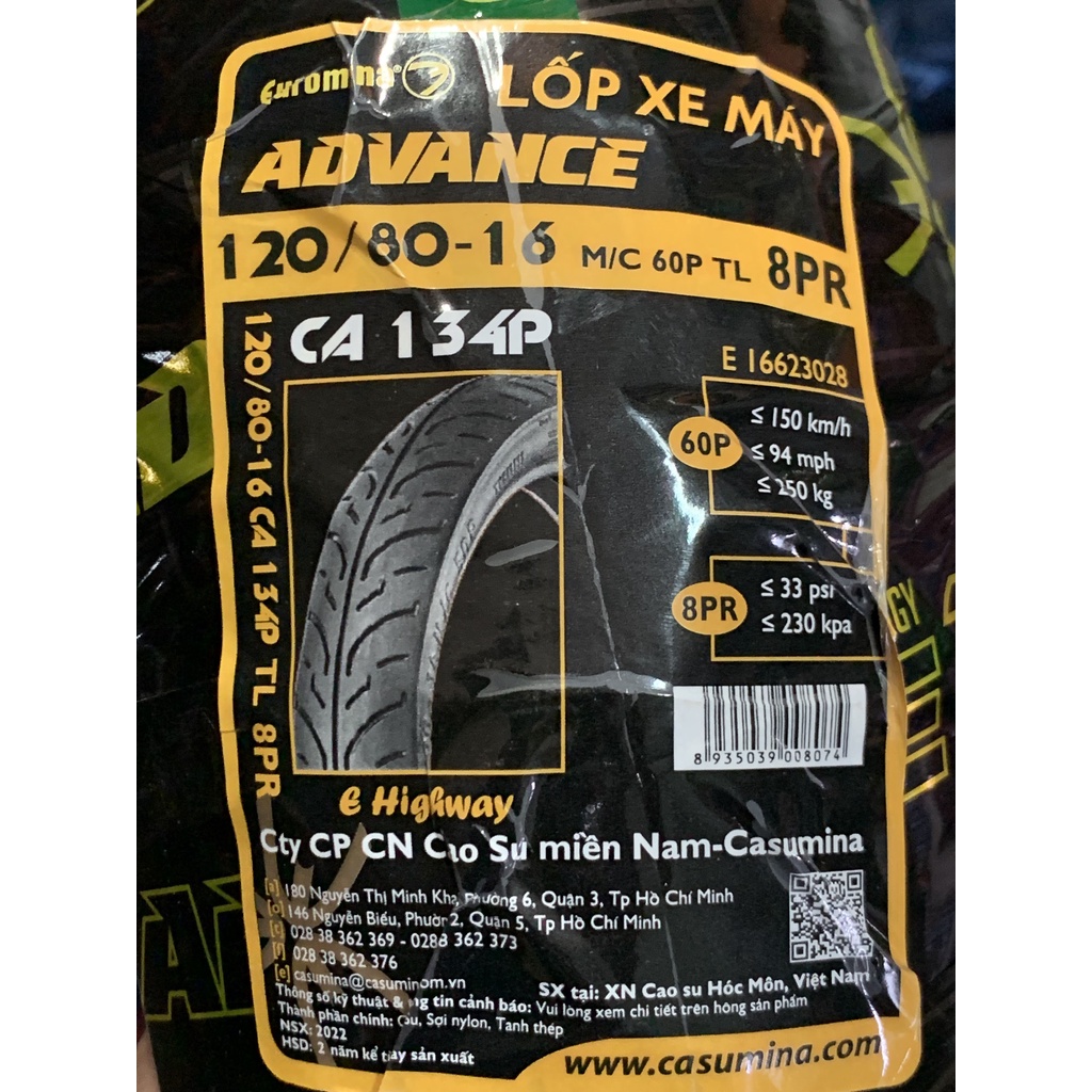 Vỏ Euromina 100-120/80/16 Bánh Trước/Sau SH 125/150 - Không Ruột