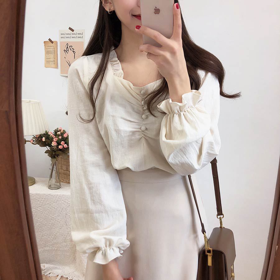 Áo sơ mi nữ tiểu thư trắng be dài tay bồng bánh bèo [TOP BÁN CHẠY] cực xinh chất đẹp dày dặn, vintage Hàn Quốc