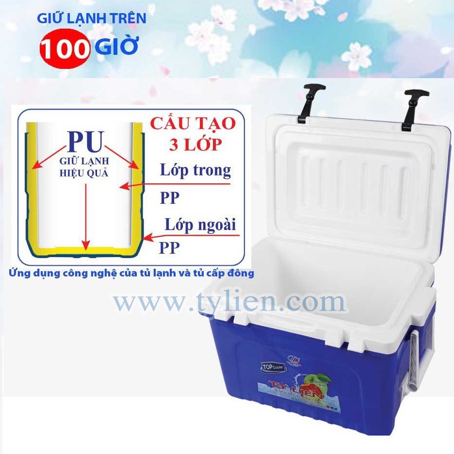 Thùng đá vuông giữ lạnh 100h dung tích 70L Top Cooler có quai xách, không chứa BPA an toàn cho sức khỏe