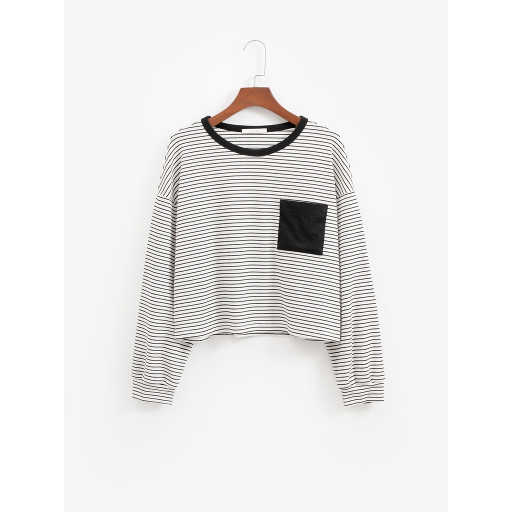 Áo sweater dài tay kẻ mix túi MADELEN