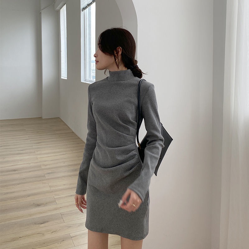 Đầm nhung cổ lọ ôm dáng thời trang thu đông dành cho nữ
