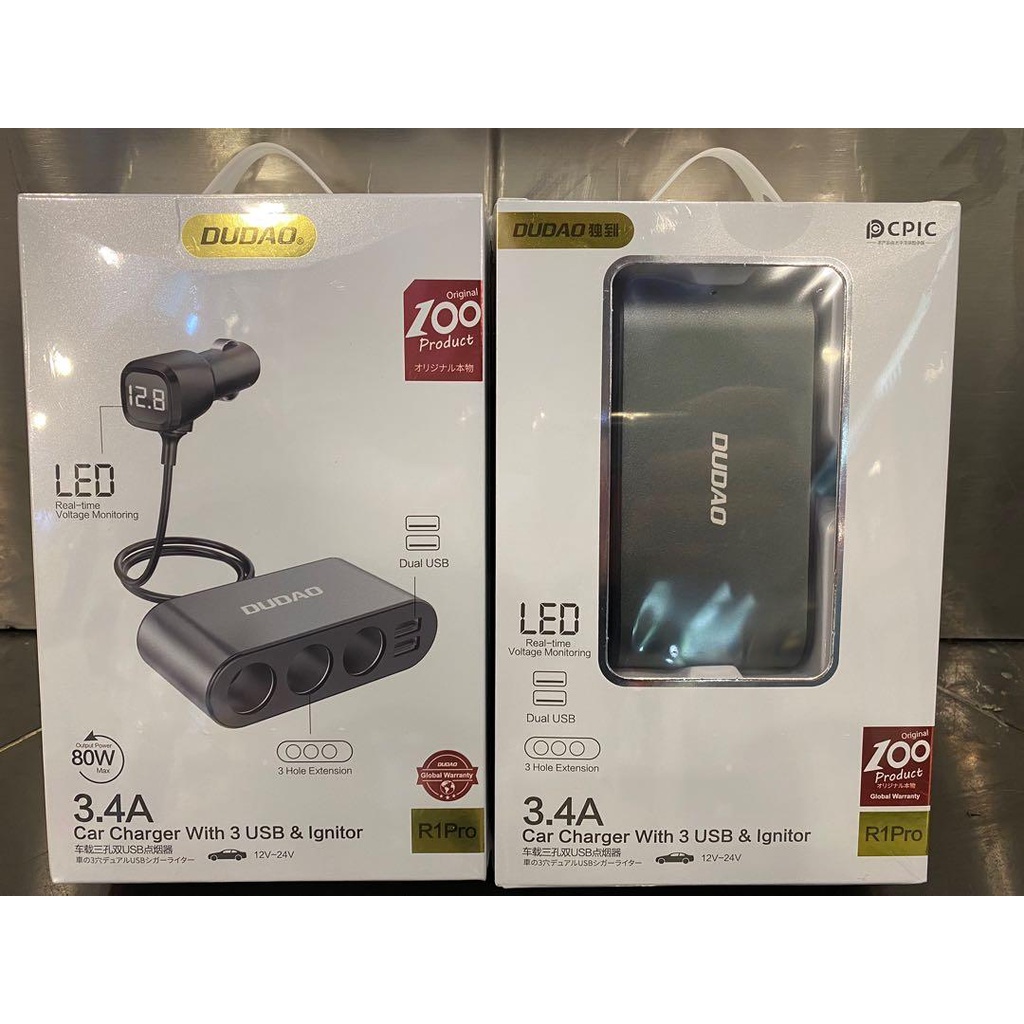 Tẩu cốc sạc ô tô xe hơi chia 3 tẩu phụ và 2 cổng sạc USB Dudao R1Pro sạc nhanh 3.4A có led báo điện áp