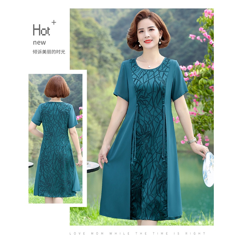 Đầm trung niên Đầm trung niên cao cấp màu xanh váy đầm trung niên big size Đầm Ngắn Phong Cách Phương Tây Thời Trang Mùa Hè Cho Phụ Nữ Trung Niên 50 Tuổi