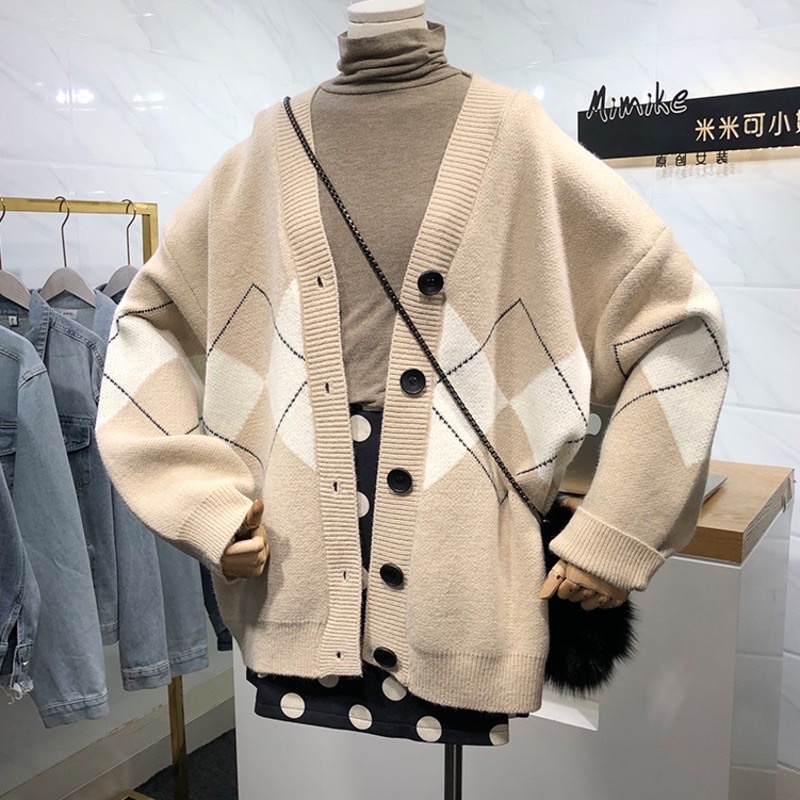 Áo cadigan len hoạ tiết, cardigan kiểu dáng rộng oversize hoạ tiết caro kim cương nhiều mẫu lựa chọn - shopbelinh