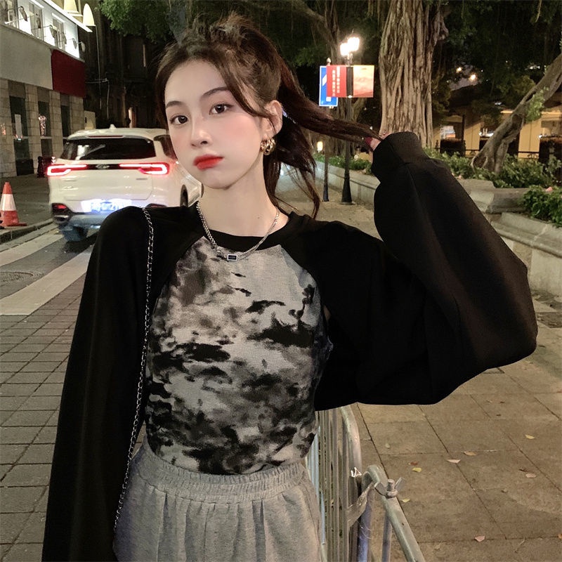 Áo Sweater Tay Dài Giả Hai Lớp Dáng Ngắn Phối Màu Nhuộm Kiểu Hàn Quốc Cá Tính