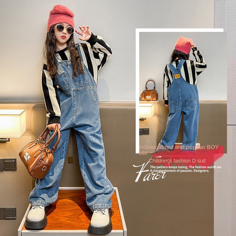 Set Áo Thun Kẻ Sọc + Quần Yếm Denim Thời Trang Cho Bé Gái 5-6 Tuổi 7-8 Tuổi 9-10 Tuổi 11-12 Tuổi