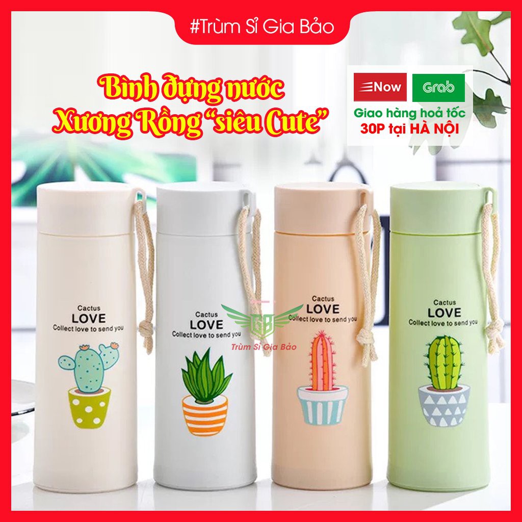 Bình đựng nước lõi thủy tinh họa tiết xương rồng dễ thương dung tích 450ml. | BigBuy360 - bigbuy360.vn