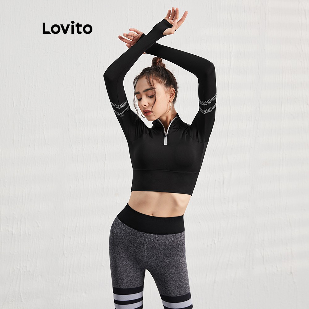 Áo sweatshirt Lovito L07003 màu đen cổ đứng thời trang cho nữ