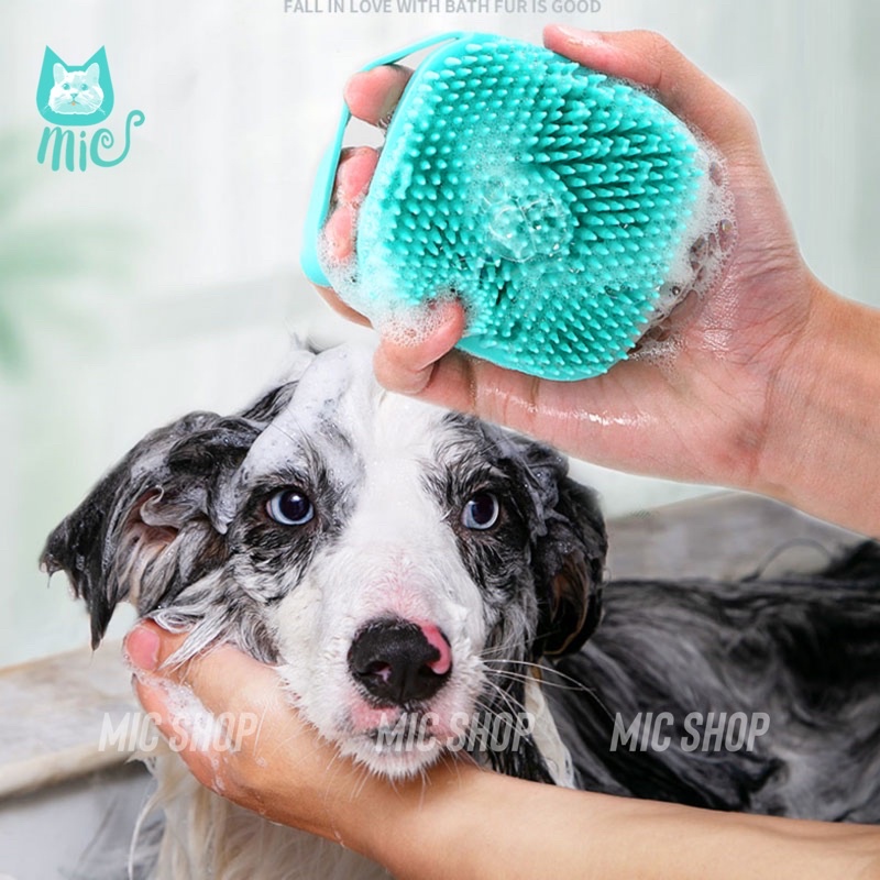 Bàn chải tắm chó mèo và người có đầu silicone tạo bọt nhanh tiết kiệm nước có khay đựng sữa tắm
